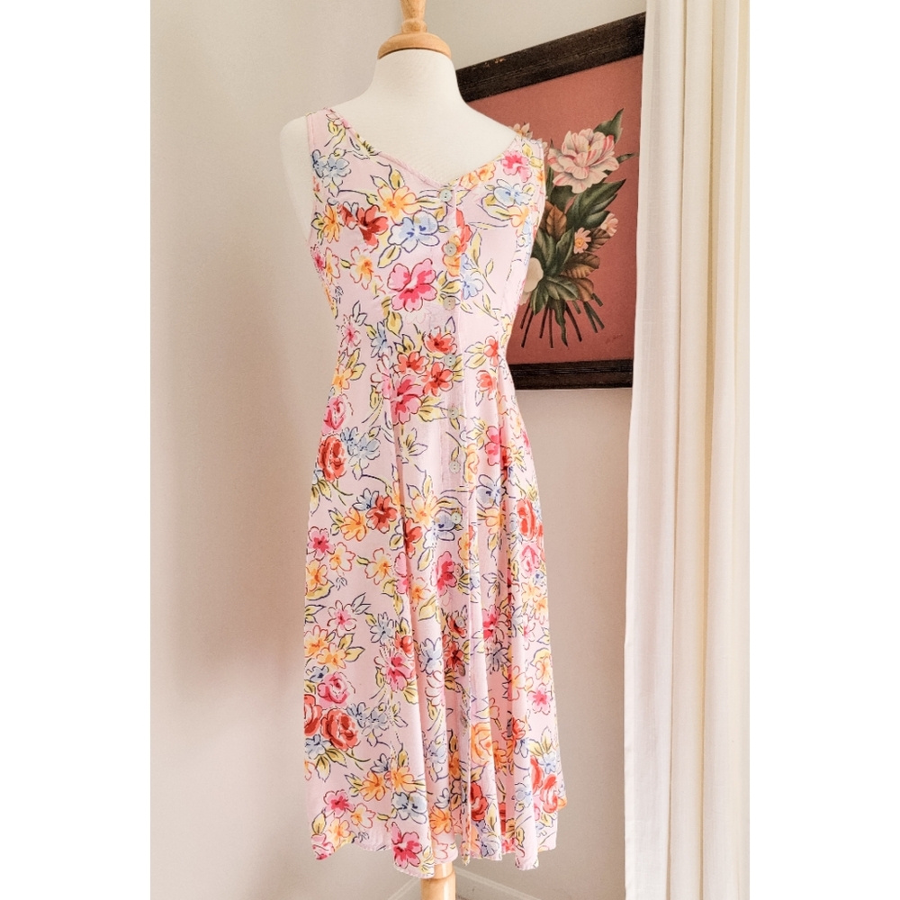 90s Pink Floral Button Front 1990s Vintage Fit & Flare Flowy Midi Length Dress - Picture 8 of 15